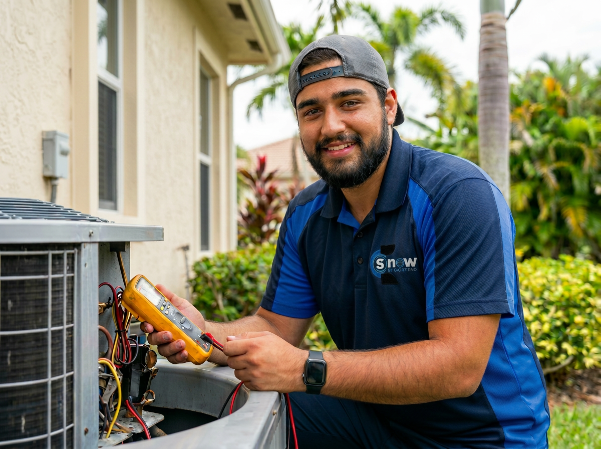 Snow HVAC technician servicing an air conditioner in a South Florida home