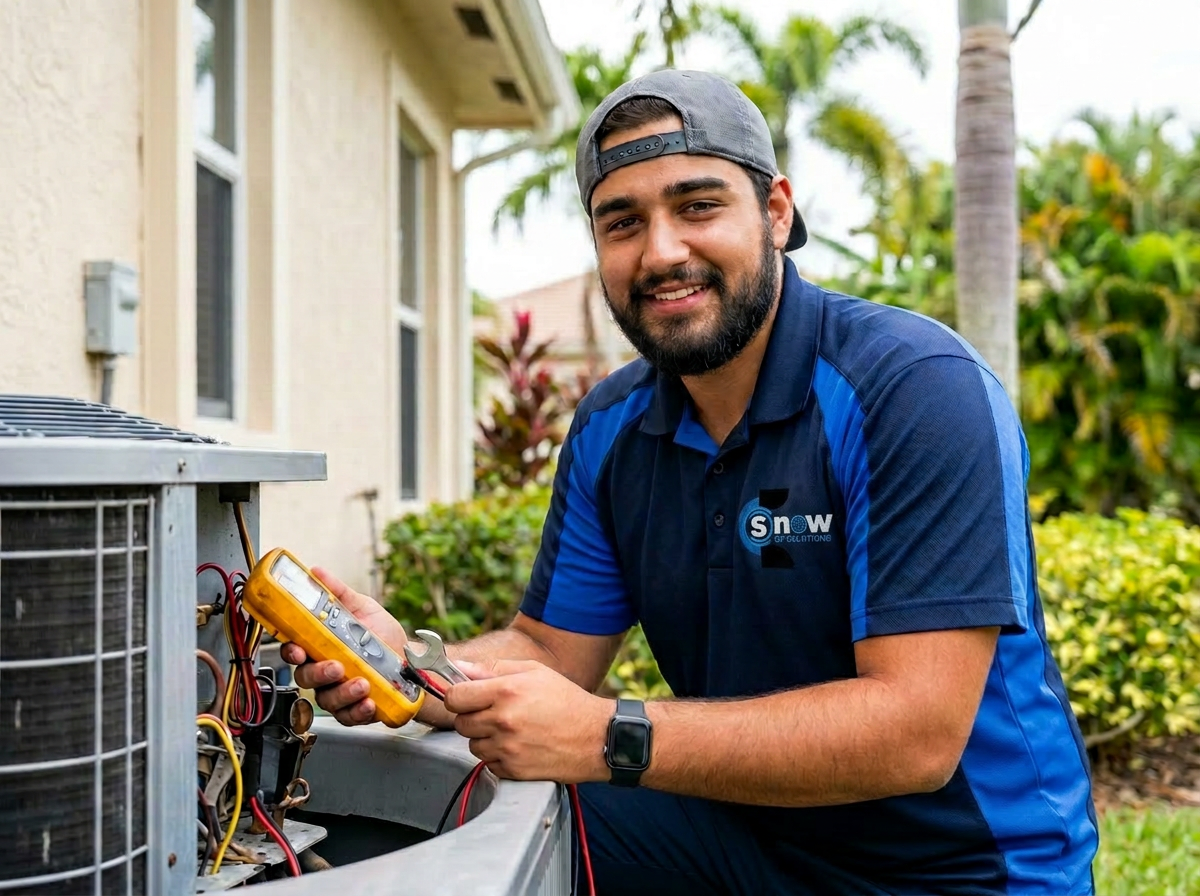 Snow HVAC technician servicing an air conditioner in a South Florida home